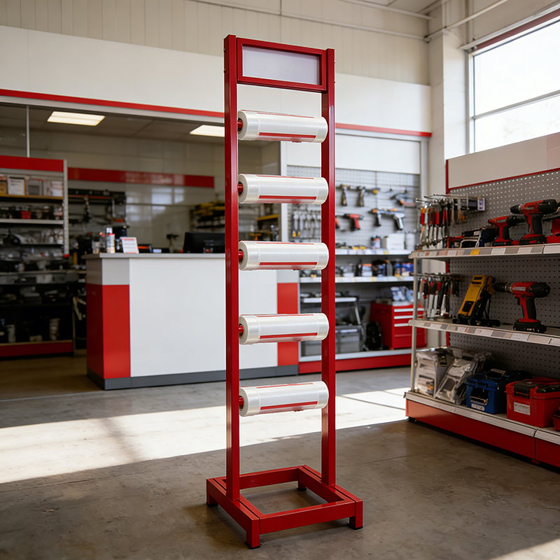 Custom Red Metal Flooring Fabric Roll Display Rack Wrapping Paper Display Stand Vinyl Roll Display Rack for Retail Store