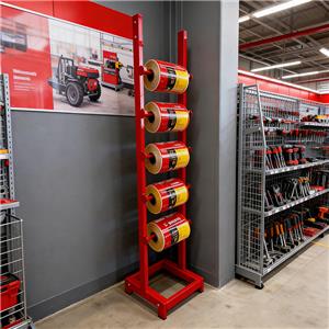 Custom Red Metal Flooring Fabric Roll Display Rack Wrapping Paper Display Stand Vinyl Roll Display Rack for Retail Store
