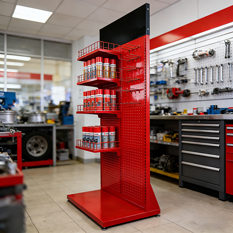 Aerosol Cans Floor Display Rack Red Metal Pegboard Spray Can Display Rack with Customized Logo
