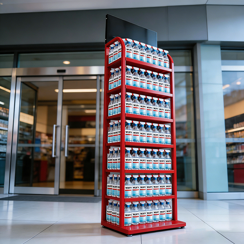 Custom Convenience Store Multi Tiers Beverage Display Stand Floor Metal Drink Display Stand with Logo Header