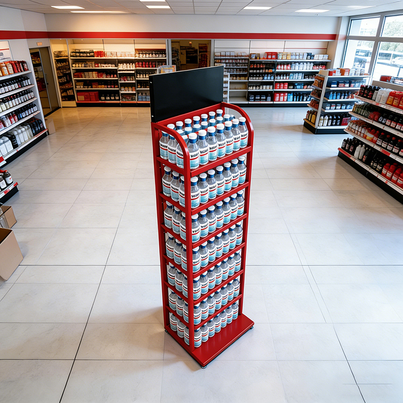 Custom Convenience Store Multi Tiers Beverage Display Stand Floor Metal Drink Display Stand with Logo Header
