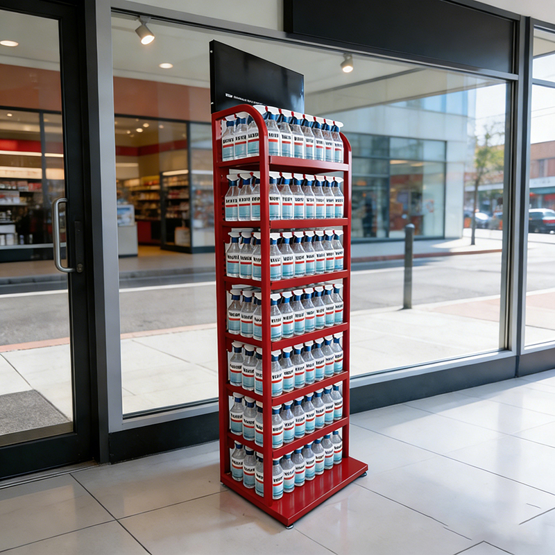 Custom Convenience Store Multi Tiers Beverage Display Stand Floor Metal Drink Display Stand with Logo Header