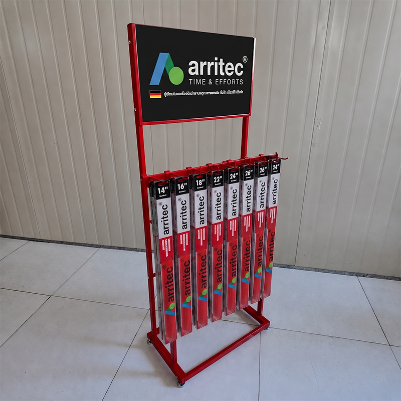 Custom Red Floor Metal Retail Windshield Wiper Display Rack with Hooks