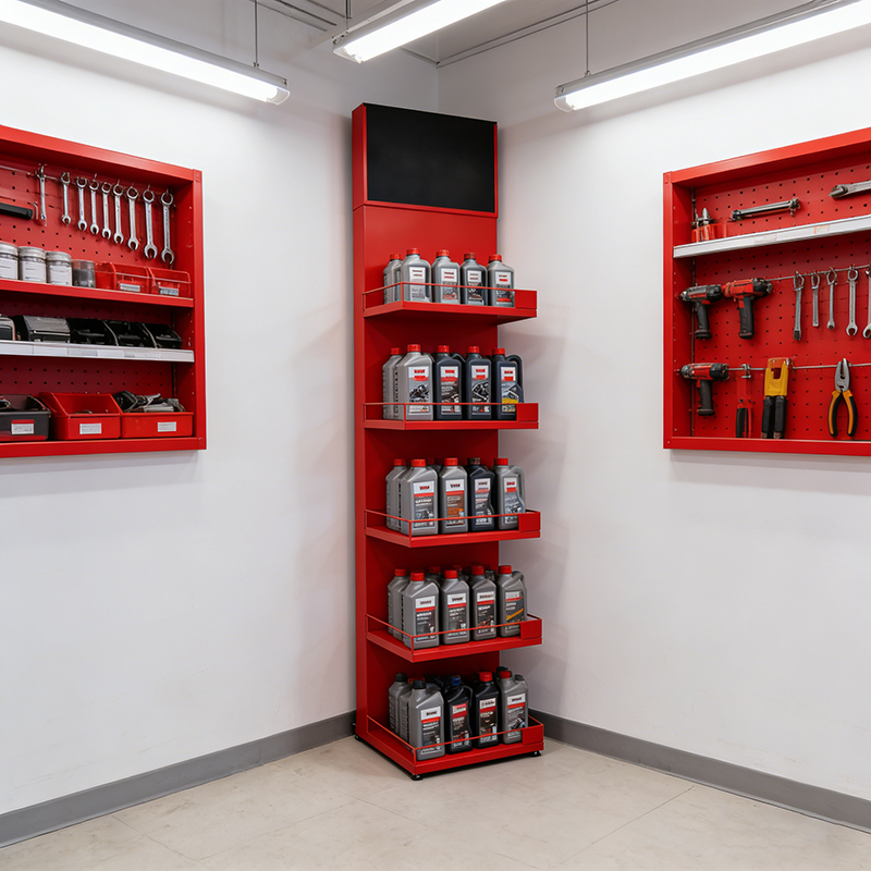 Custom Multi Tiers Red Floor Standing Lubricating Oil Display Racks Metal Engine Oil Display Stand for Gas Station