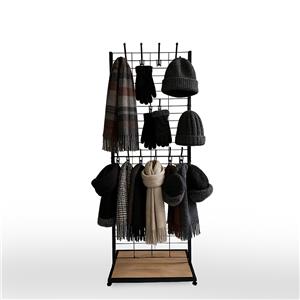 Op maat gemaakte dubbelzijdige vloerdisplay voor petten en hoeden, metalen sjaaldisplay met haken voor winkels.