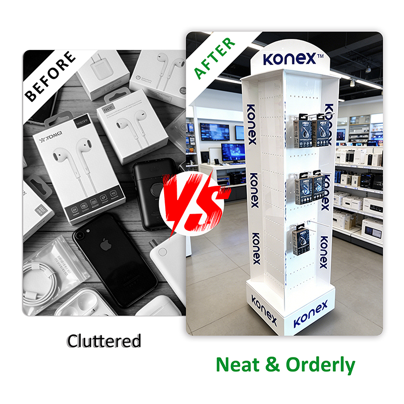 Custom Rotating Cable Keychain Display Rack Floor Acrylic Phone Accessories Display Stand for Retail Store
