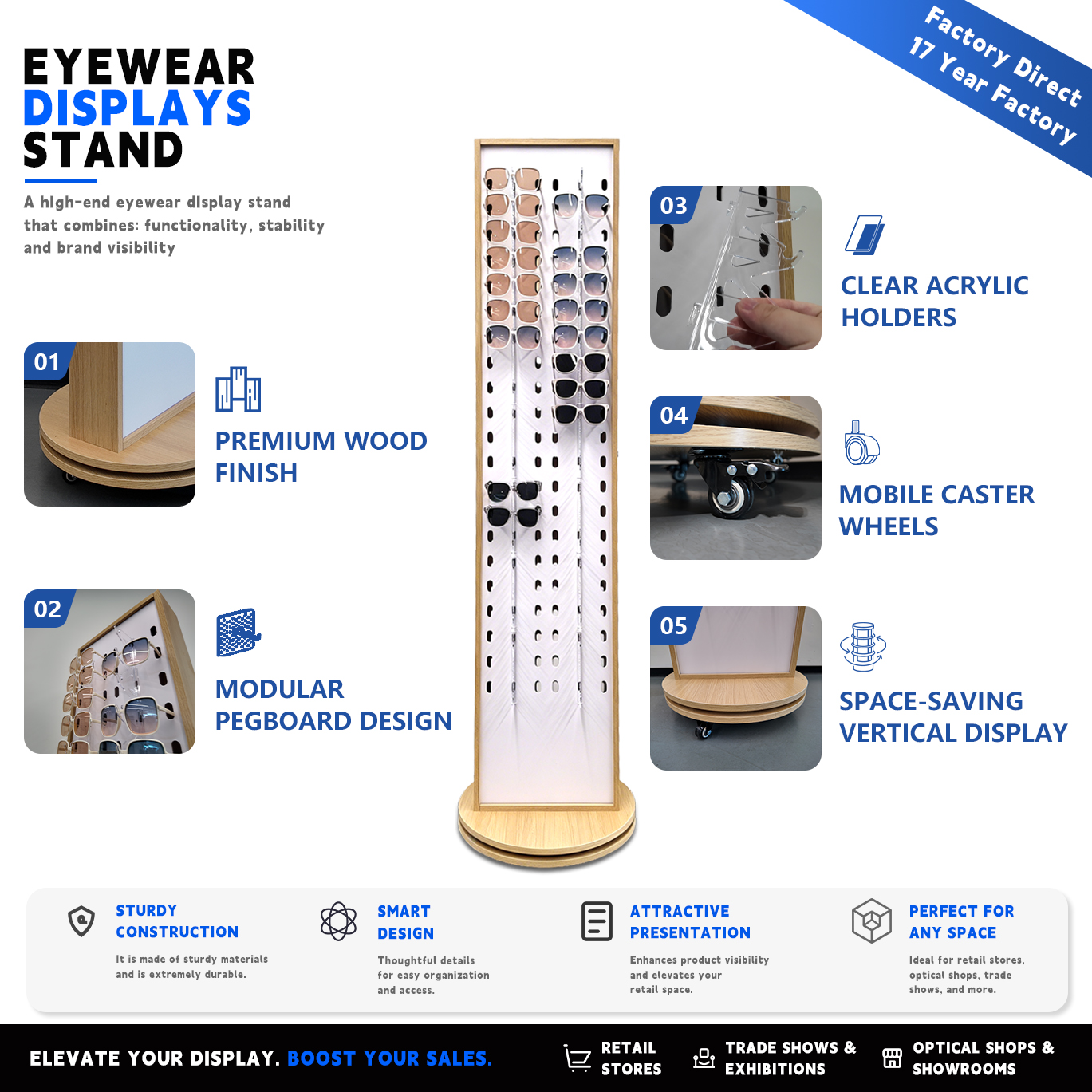 Custom Double Side Rotating Sunglasses Display Stand | Wood Floor Rack