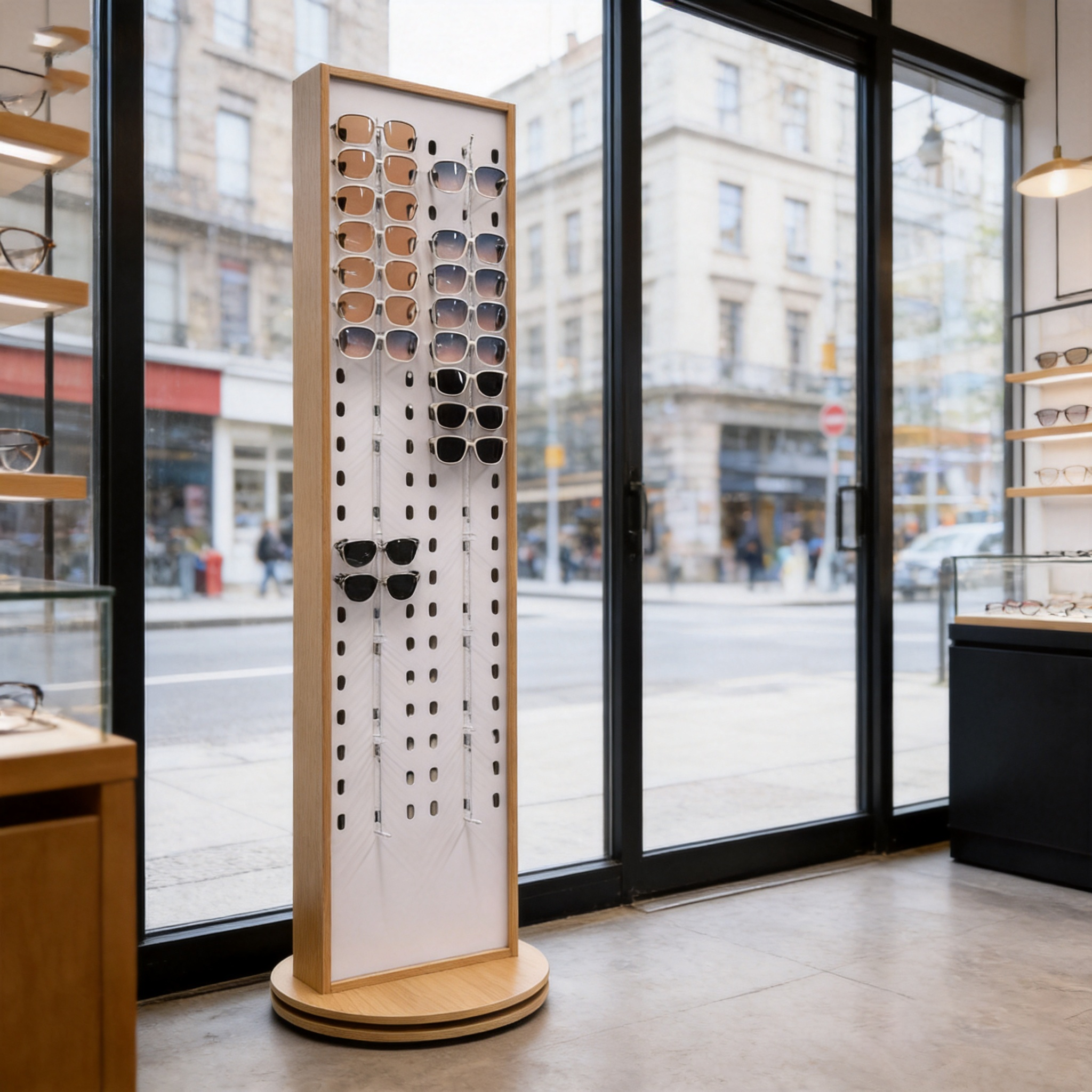 Custom Double Side Rotating Sunglasses Display Stand | Wood Floor Rack