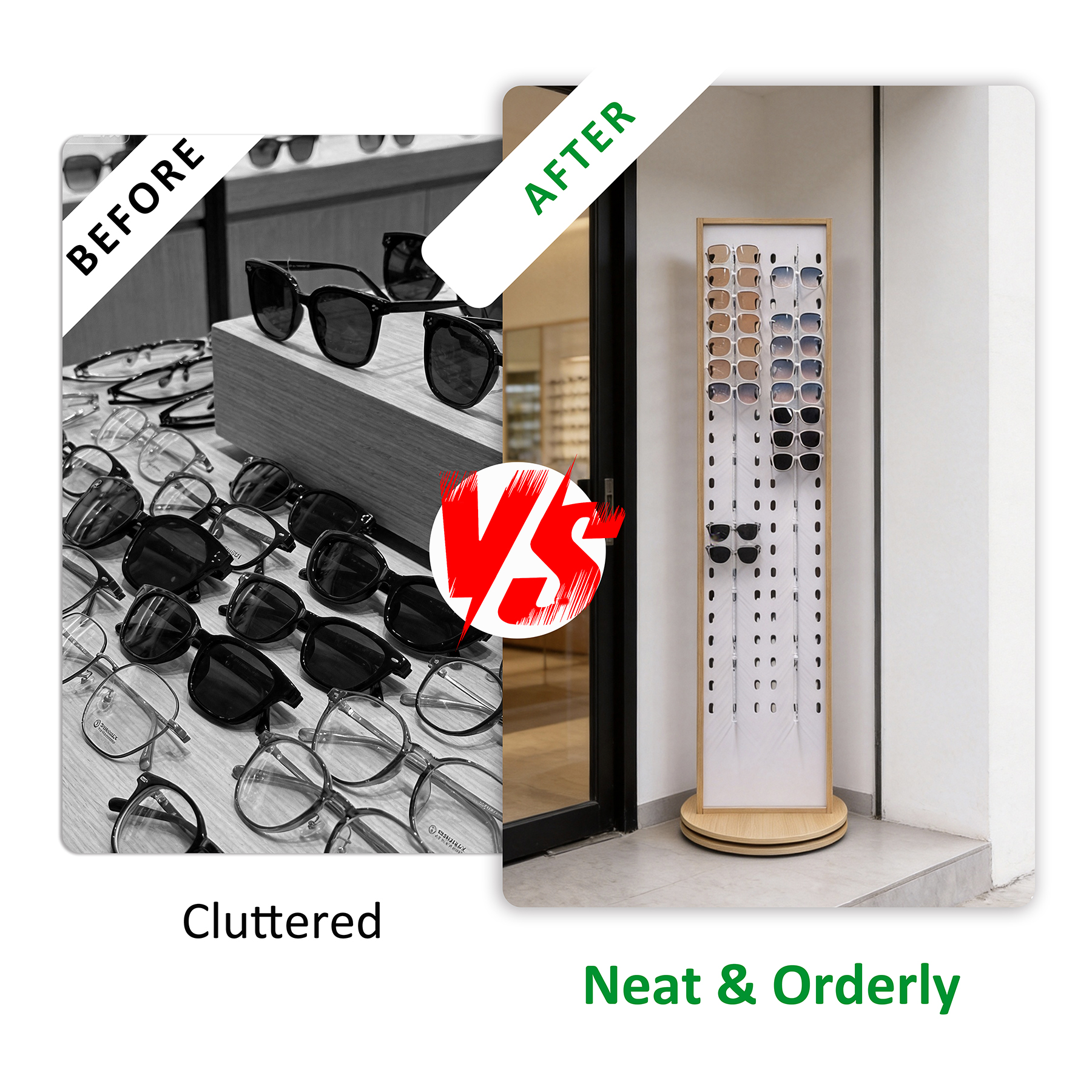 Custom Double Side Rotating Sunglasses Display Stand | Wood Floor Rack