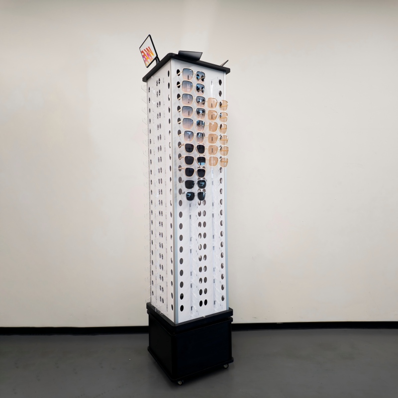 Custom Floor Rotating Sunglasses Display Stand PVC Optical Display Rack Eyeglass Display Stand with Wood Lockers and Mirror