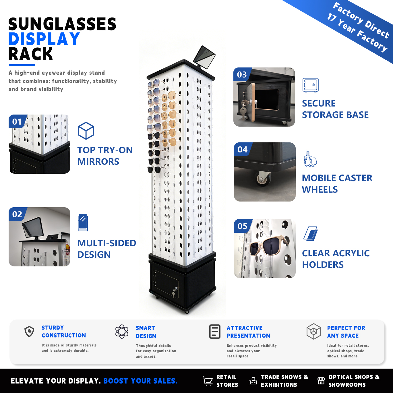 Custom Floor Rotating Sunglasses Display Stand PVC Optical Display Rack Eyeglass Display Stand with Wood Lockers and Mirror