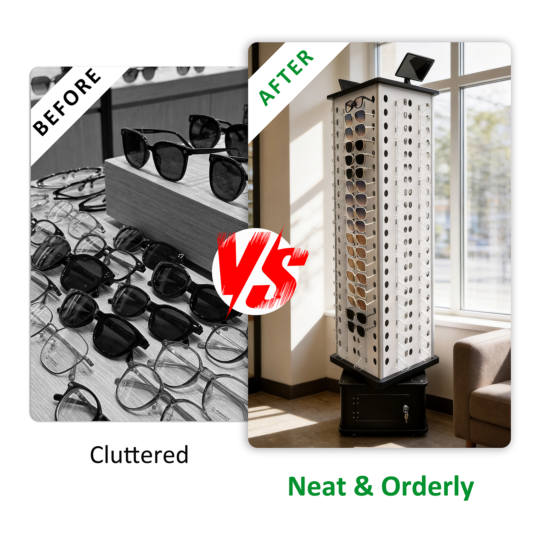 Custom Floor Rotating Sunglasses Display Stand PVC Optical Display Rack Eyeglass Display Stand with Wood Lockers and Mirror