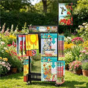 Soporte de exhibición de banderas de jardín multinivel personalizado OEM/ODM, estante móvil de exhibición de banderas colgantes de alambre metálico para tiendas minoristas