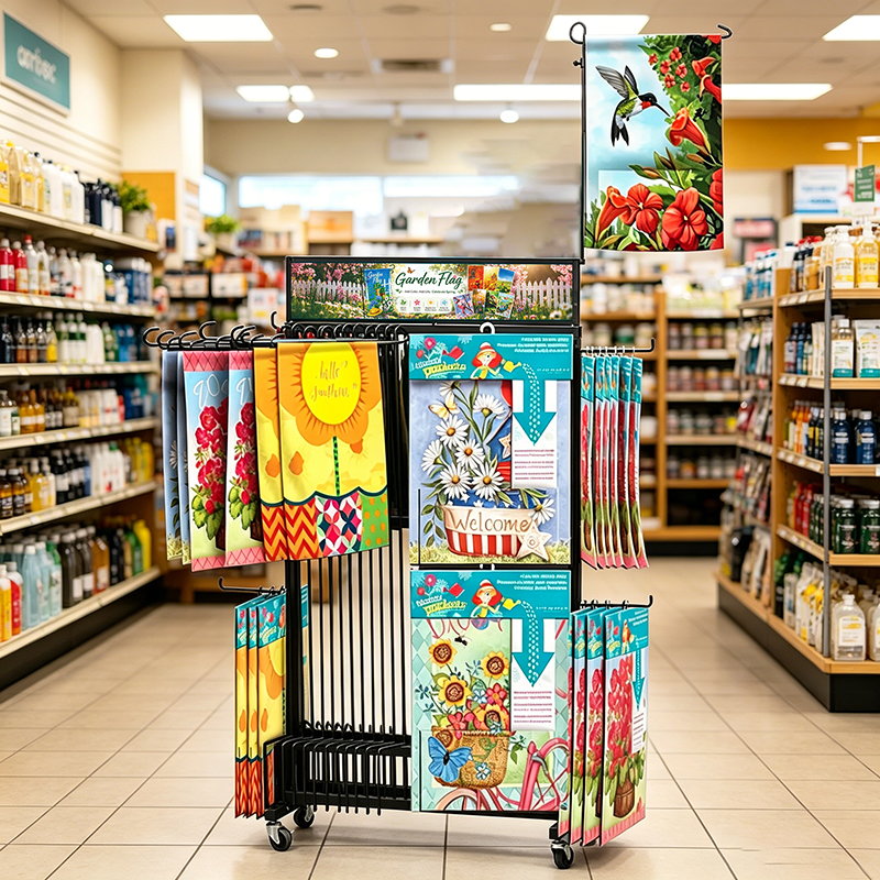 Show the Full Size: Retail Yard Flag Display Racks with Display Arms vs. Packaged-Only Pegboards