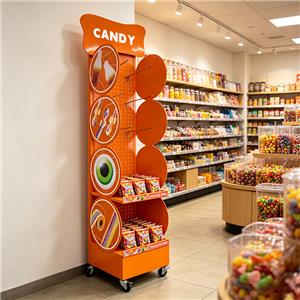 Présentoir à bonbons mobile en métal orange avec panneau perforé