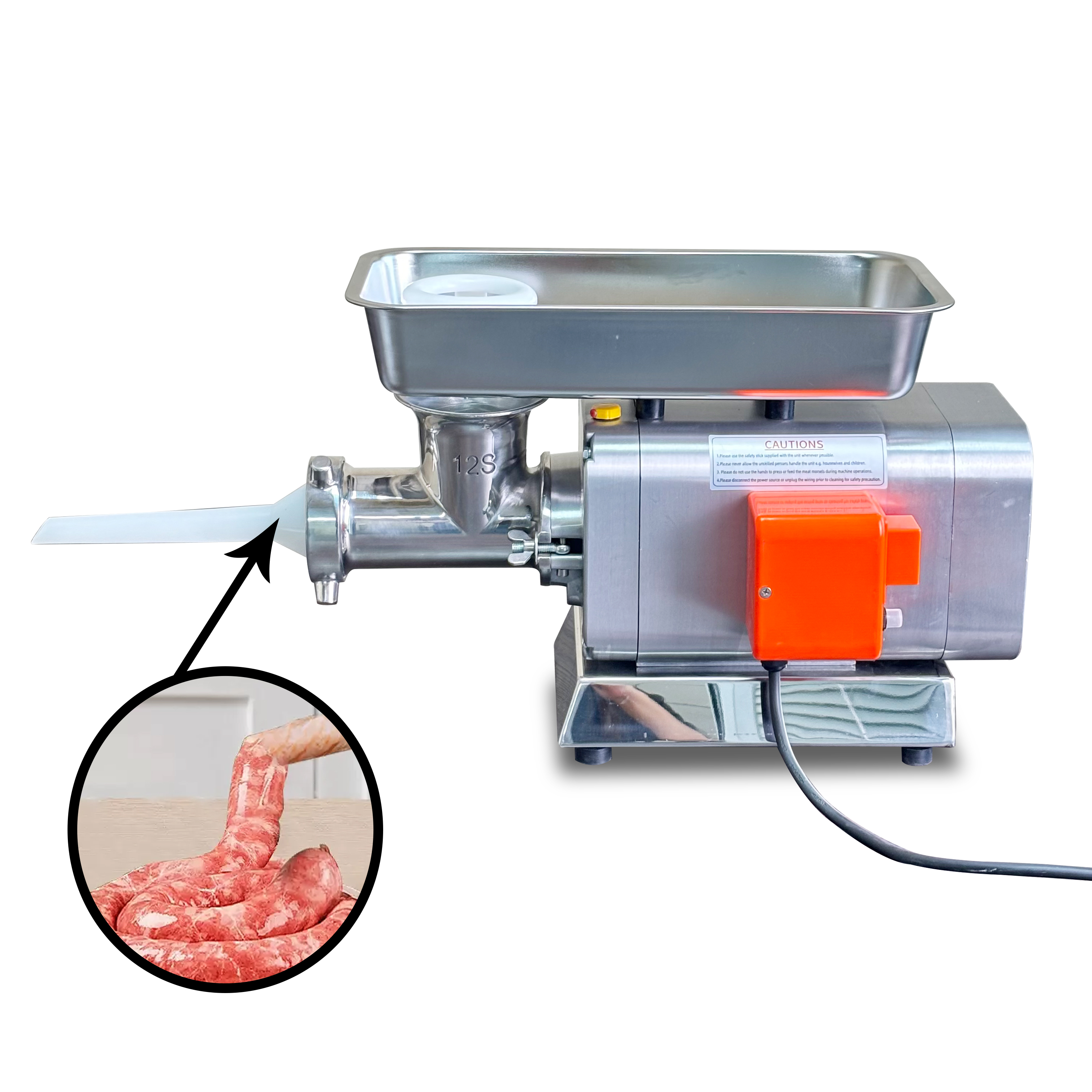 Economical commercial large capacity meat grinder with high quality steel blades.