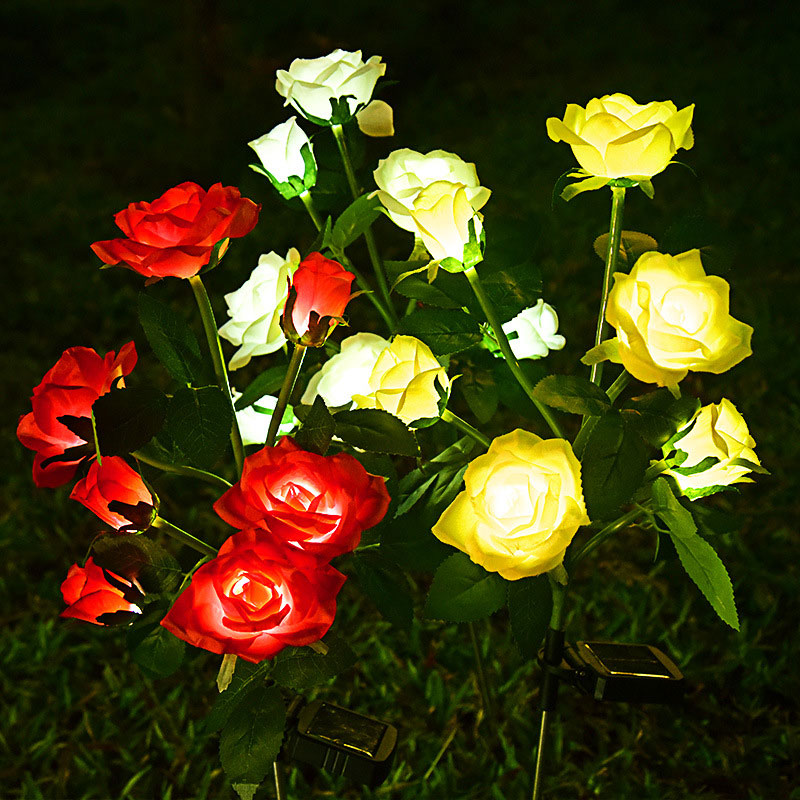 Solar powered rose flower garden stake lights