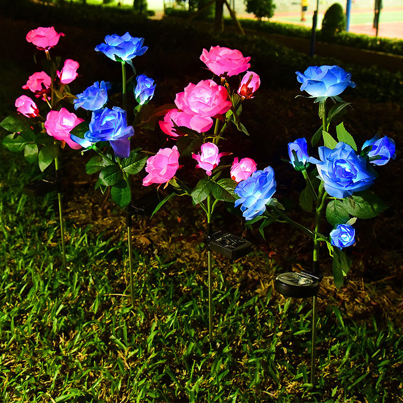 Solar powered rose flower garden stake lights