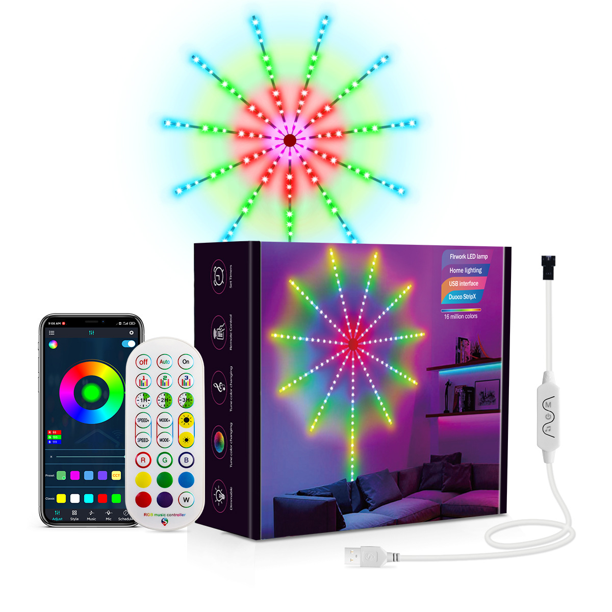 Slimme vuurwerk led-lamp met afstandsbediening via APP