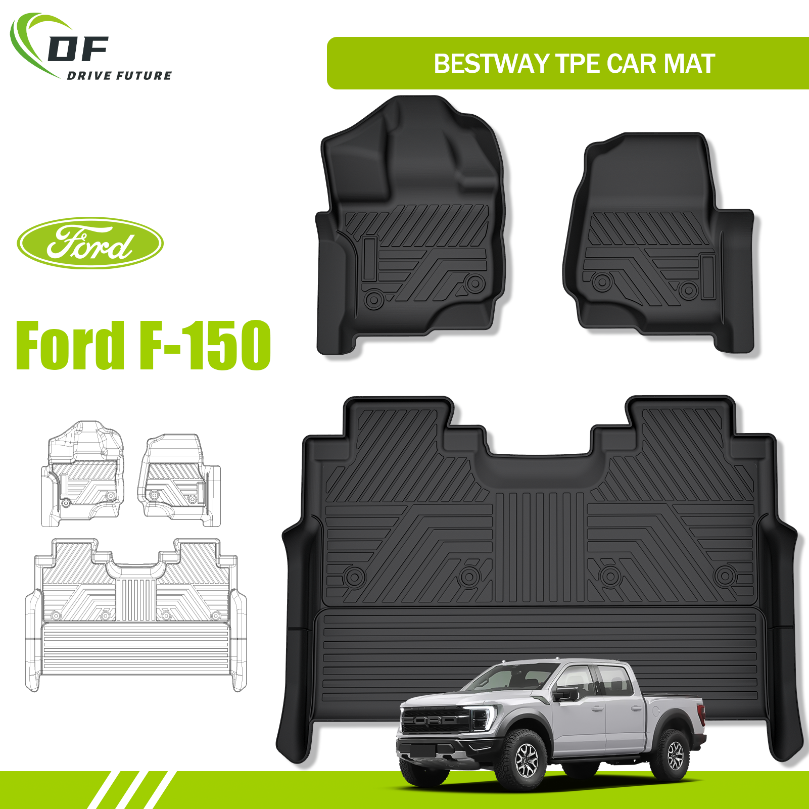 Tapis de voiture de haute qualité 3D TPE Tapis de sol de voiture Imperméable Antidérapant Facile à nettoyer Tapis de voiture pour Ford F-150