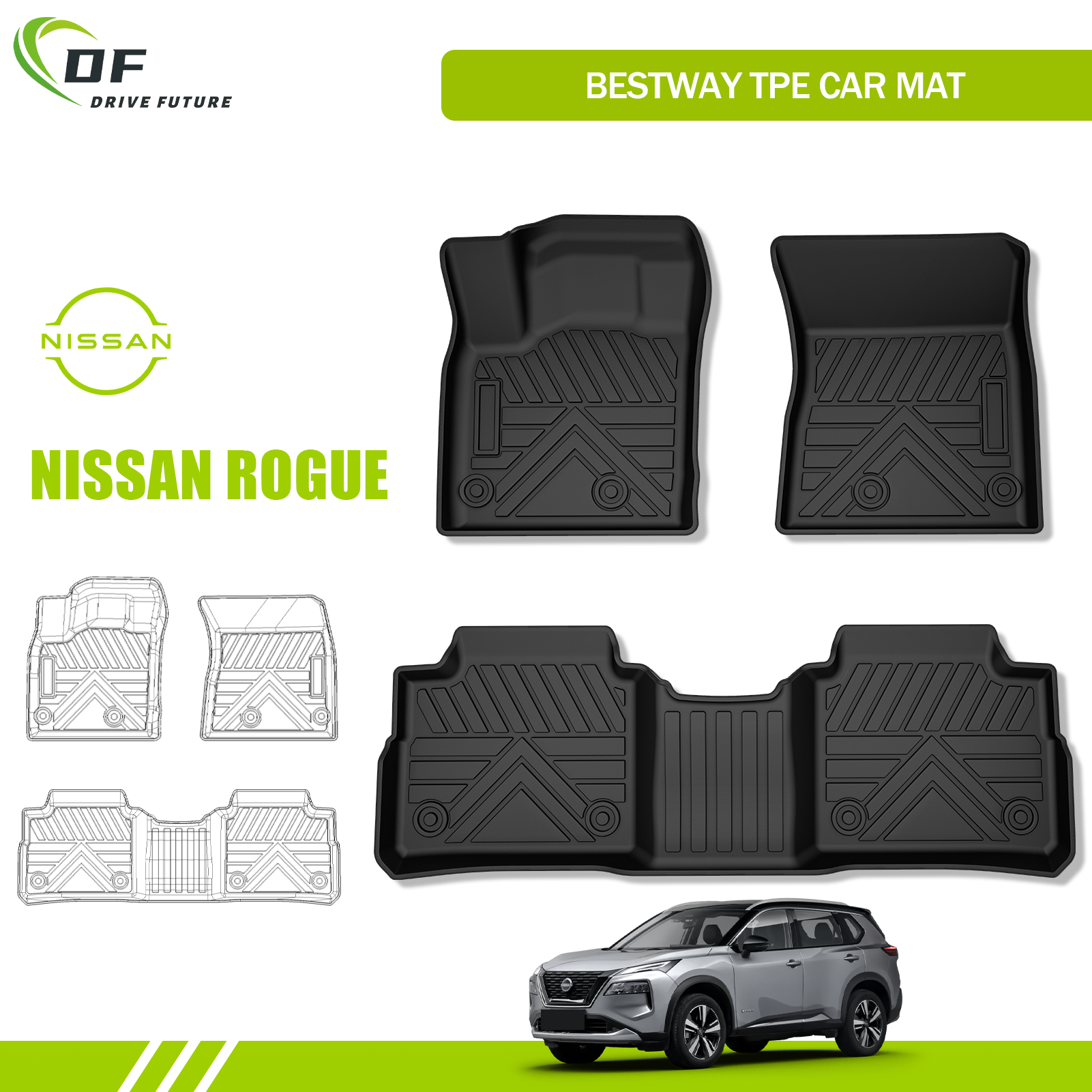 إكسسوارات السيارات المقاومة للتآكل، سجادات أرضية سيارة مادة تي بي إي متينة لجميع الأحوال الجوية لسيارة نيسان روج