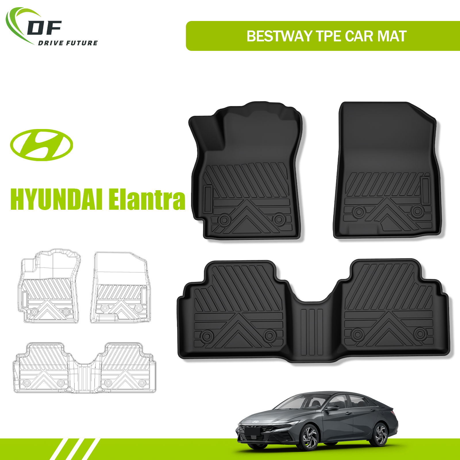 Tapis de sol en TPE imperméable et anti-poussière pour toutes les saisons pour Hyundai Elantra