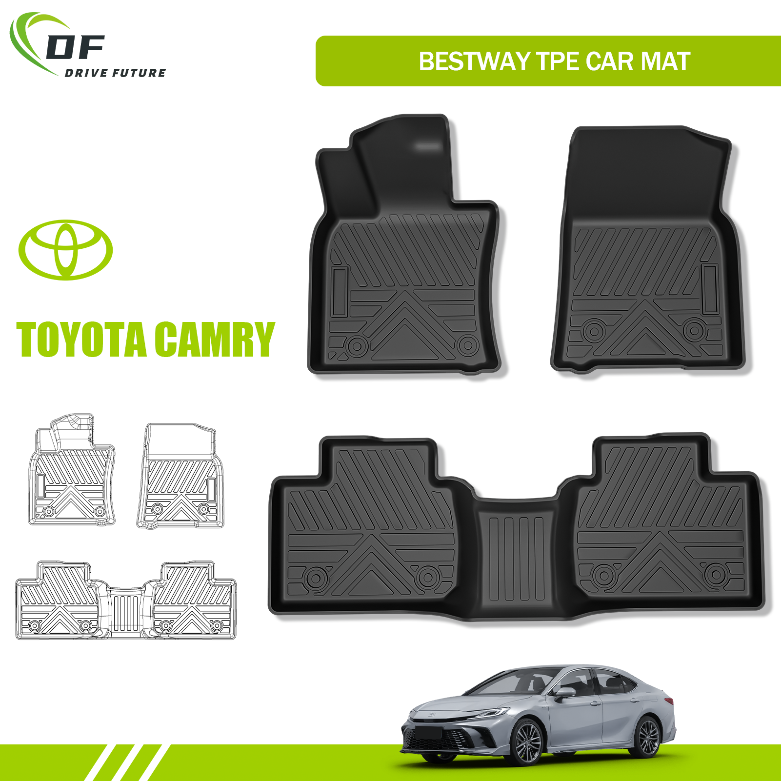 Tapis de sol de voiture antidérapant en TPE 3D respectueux de l'environnement pour Toyota Camry