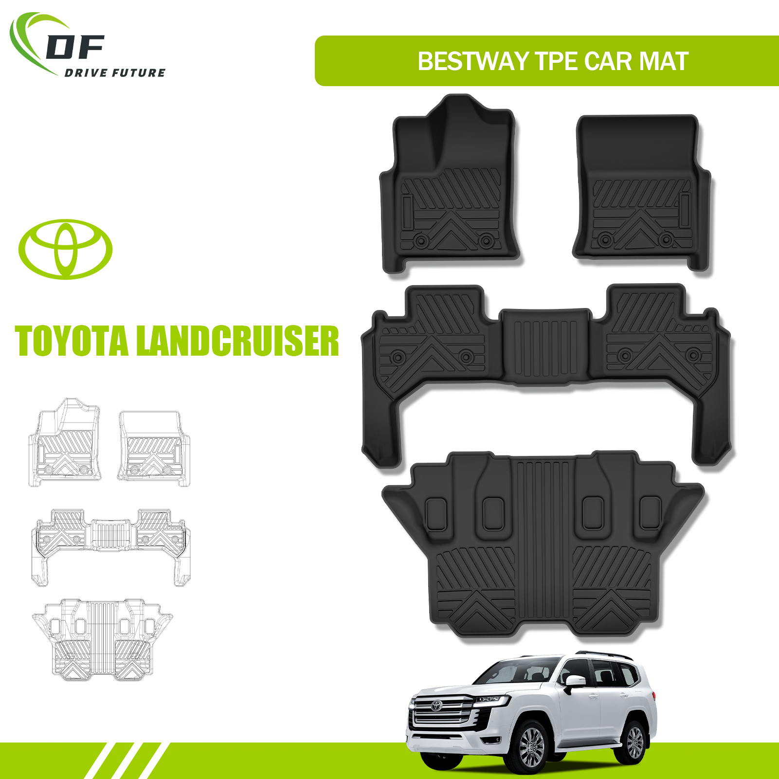 Tapis de sol de voiture en TPE 3D acceptables par tous les temps pour TOYOTA Land Cruiser 300