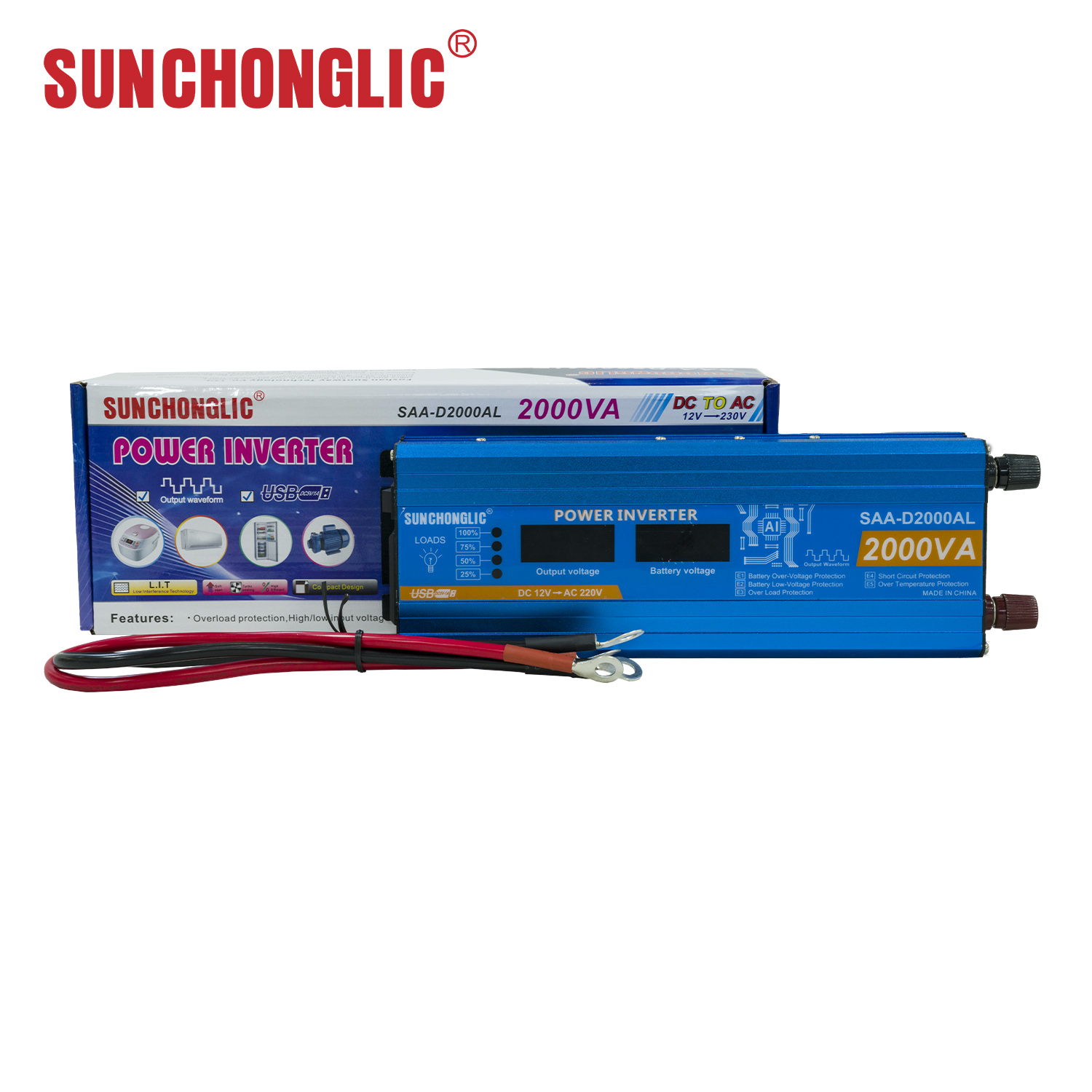 एलसीडी डिस्प्ले पावर इन्वर्टर - 2000 वाट मॉडिफाइड साइन वेव कन्वर्टर, 12V डीसी से 220V एसी में परिवर्तित करने वाला, यूएसबी चार्जिंग पोर्ट के साथ