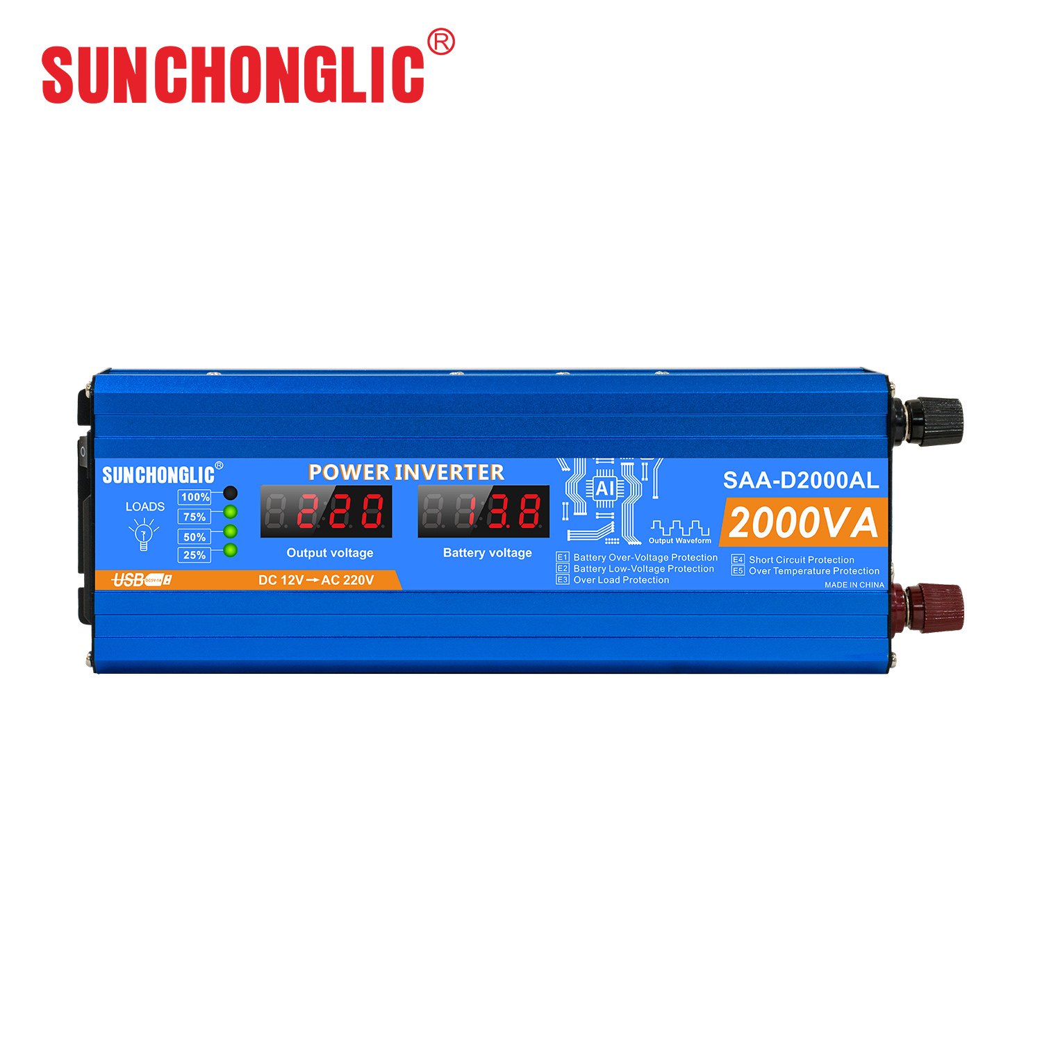 LCD Display Power Inverter - 2000W Modified Sine Wave Converter from 12V DC to 220V AC with USB Charging Port