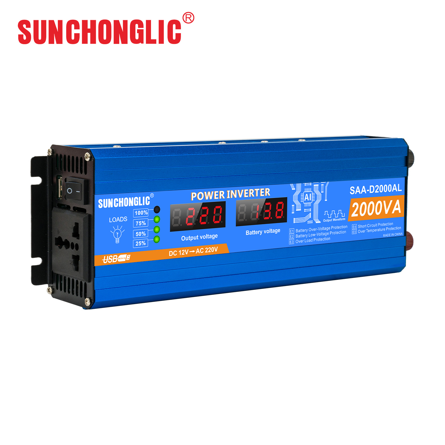 LCD Display Power Inverter - 2000W Modified Sine Wave Converter from 12V DC to 220V AC with USB Charging Port