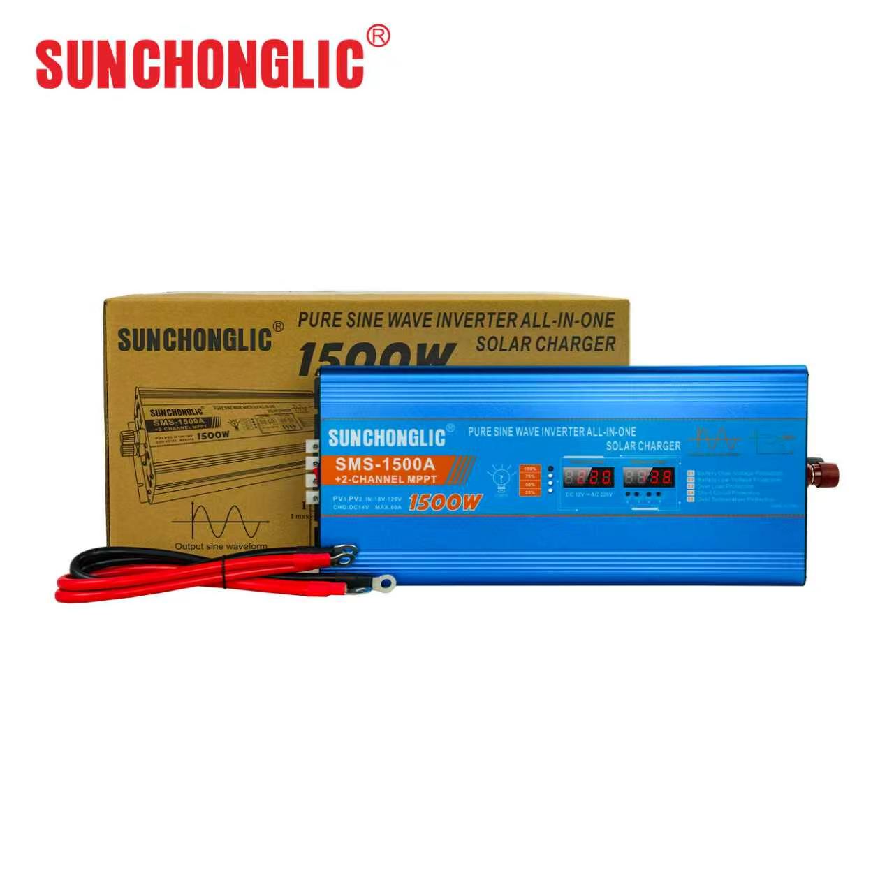 SMS High-power 1500W pure sine wave inverter featuring a 60A MPPT solar charger and 220V AC output.