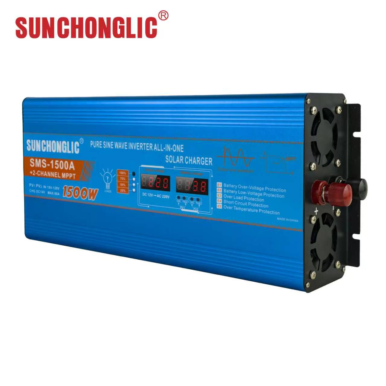 SMS High-power 1500W pure sine wave inverter featuring a 60A MPPT solar charger and 220V AC output.