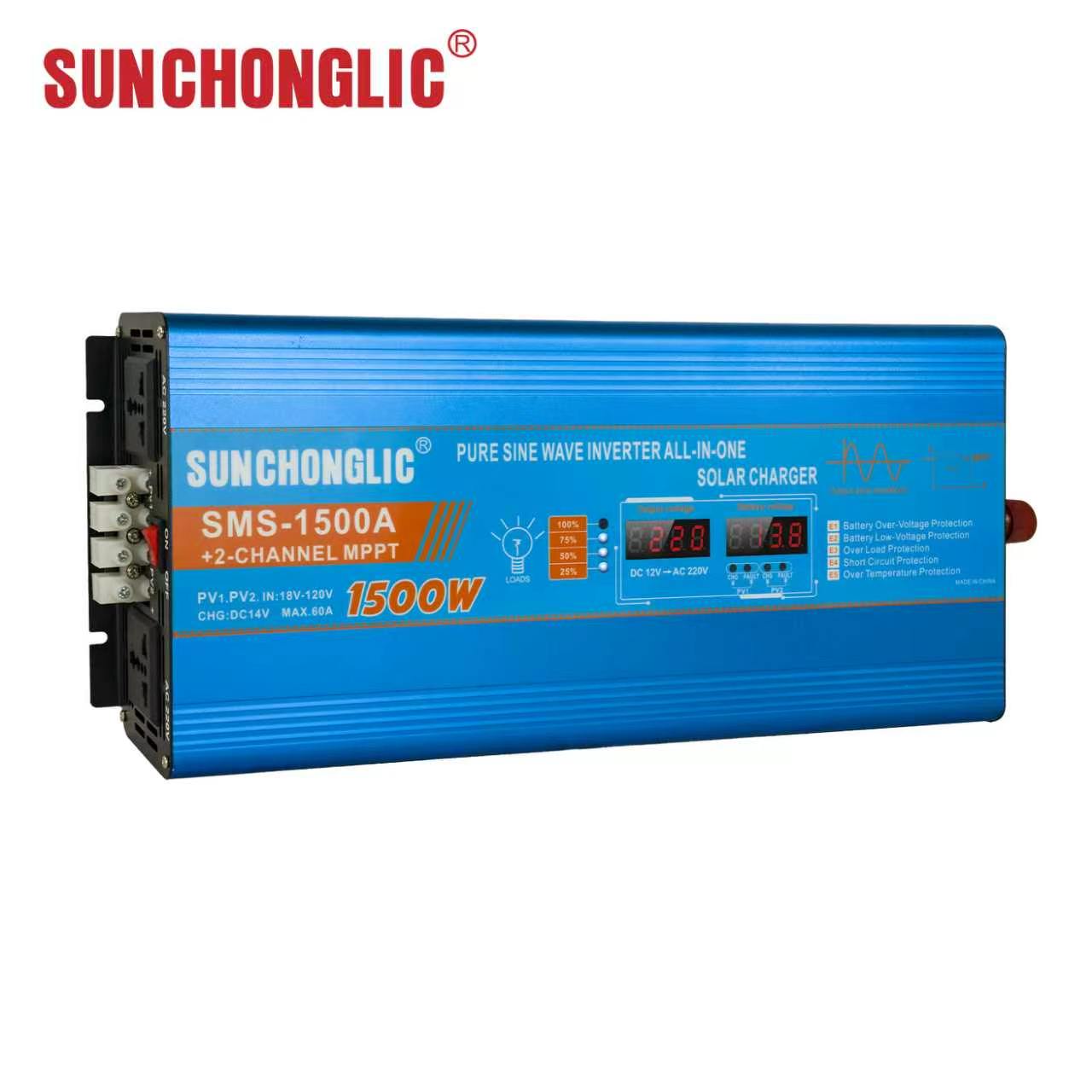 SMS High-power 1500W pure sine wave inverter featuring a 60A MPPT solar charger and 220V AC output.