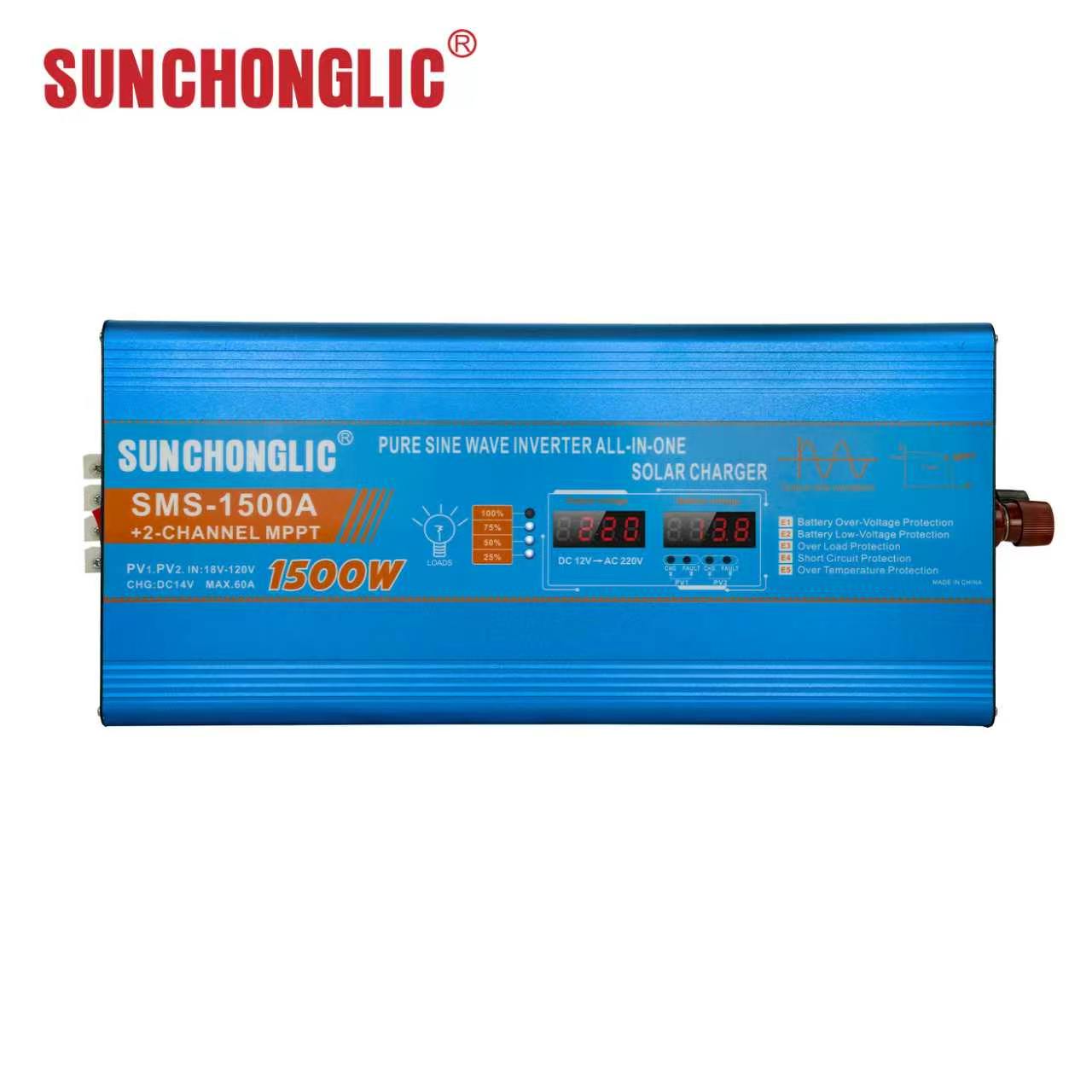 SMS High-power 1500W pure sine wave inverter featuring a 60A MPPT solar charger and 220V AC output.