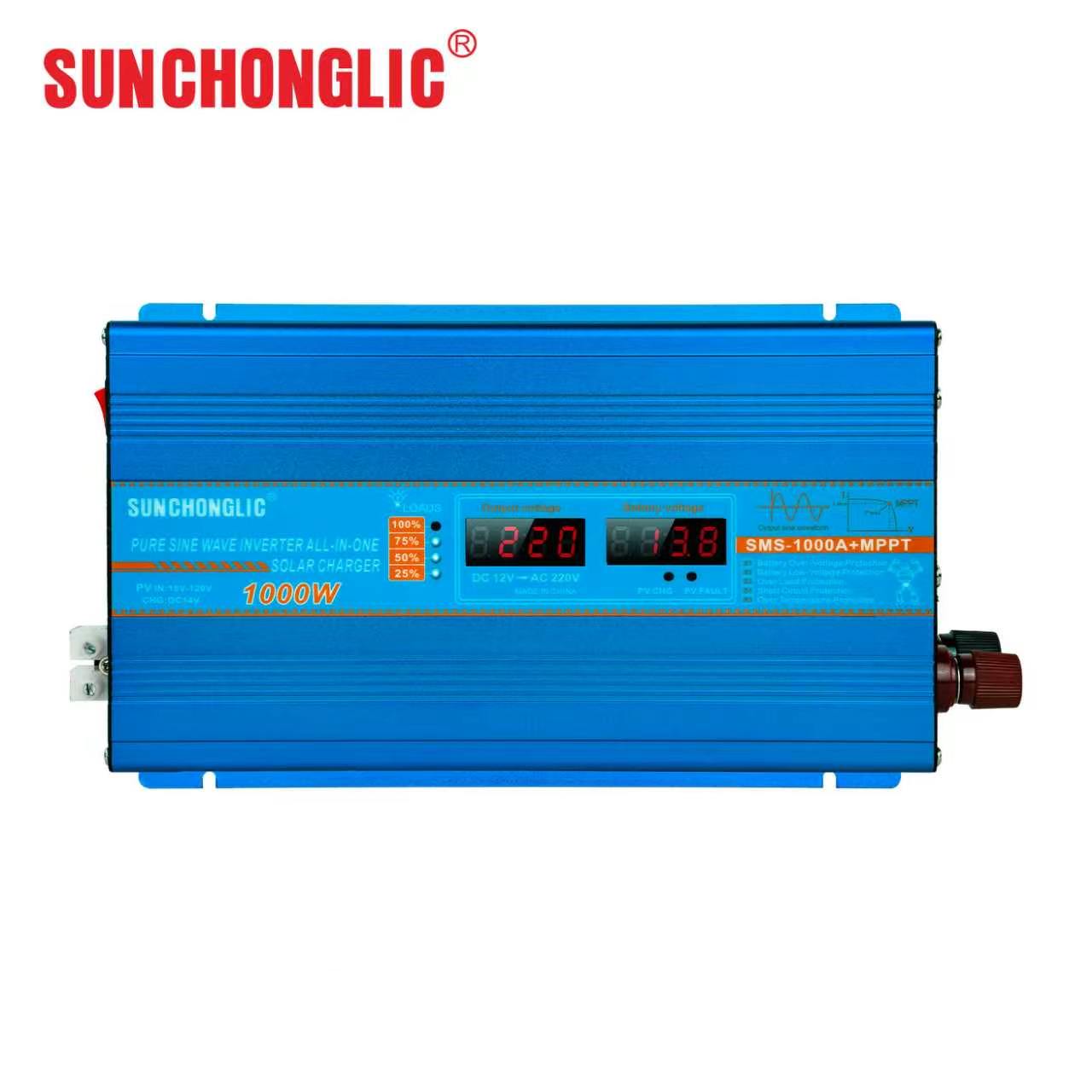 SMS 1000W Pure Sine Wave Inverter featuring a 30A MPPT Solar Controller and 220V AC Output — designed for off-grid power applications.