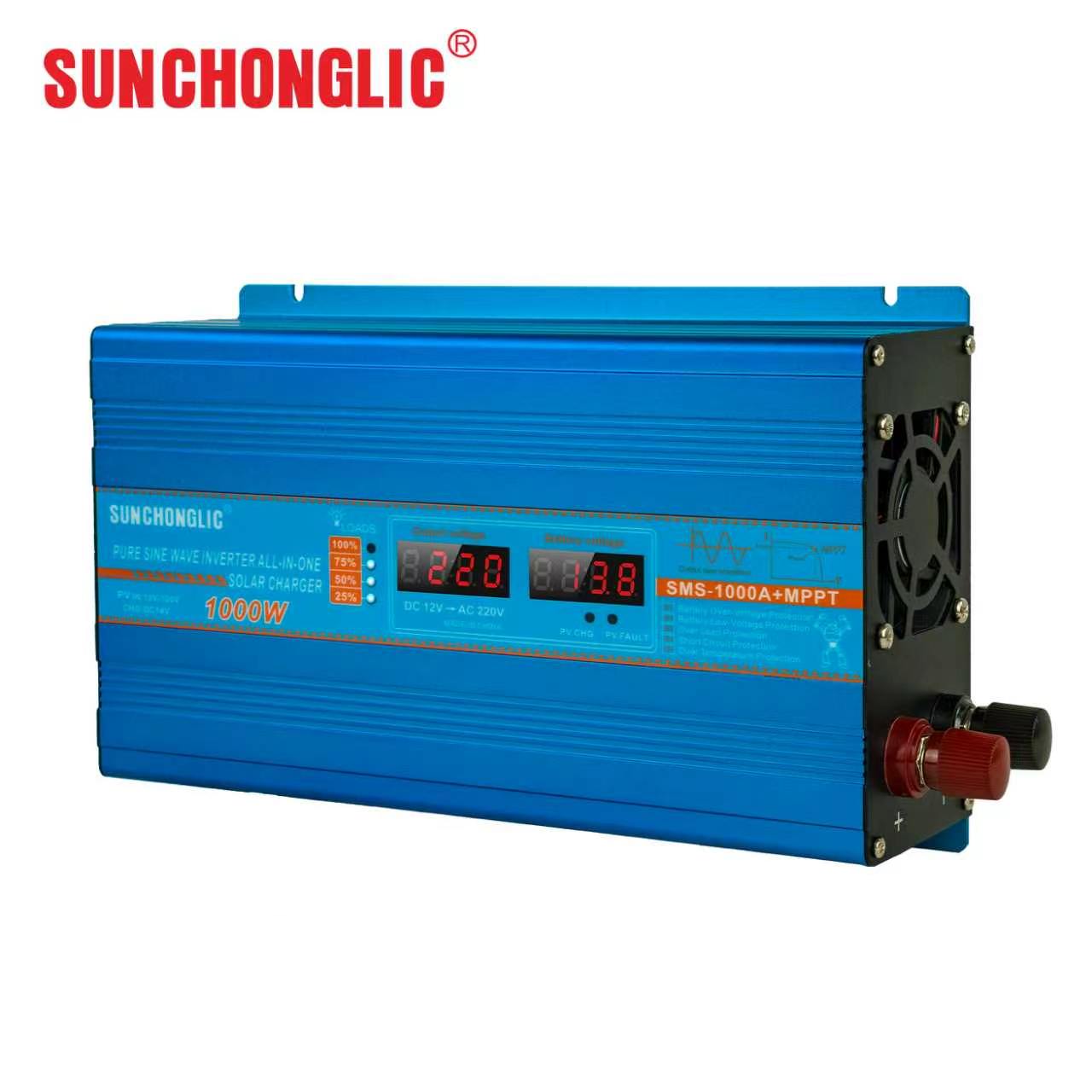 SMS 1000W Pure Sine Wave Inverter featuring a 30A MPPT Solar Controller and 220V AC Output — designed for off-grid power applications.