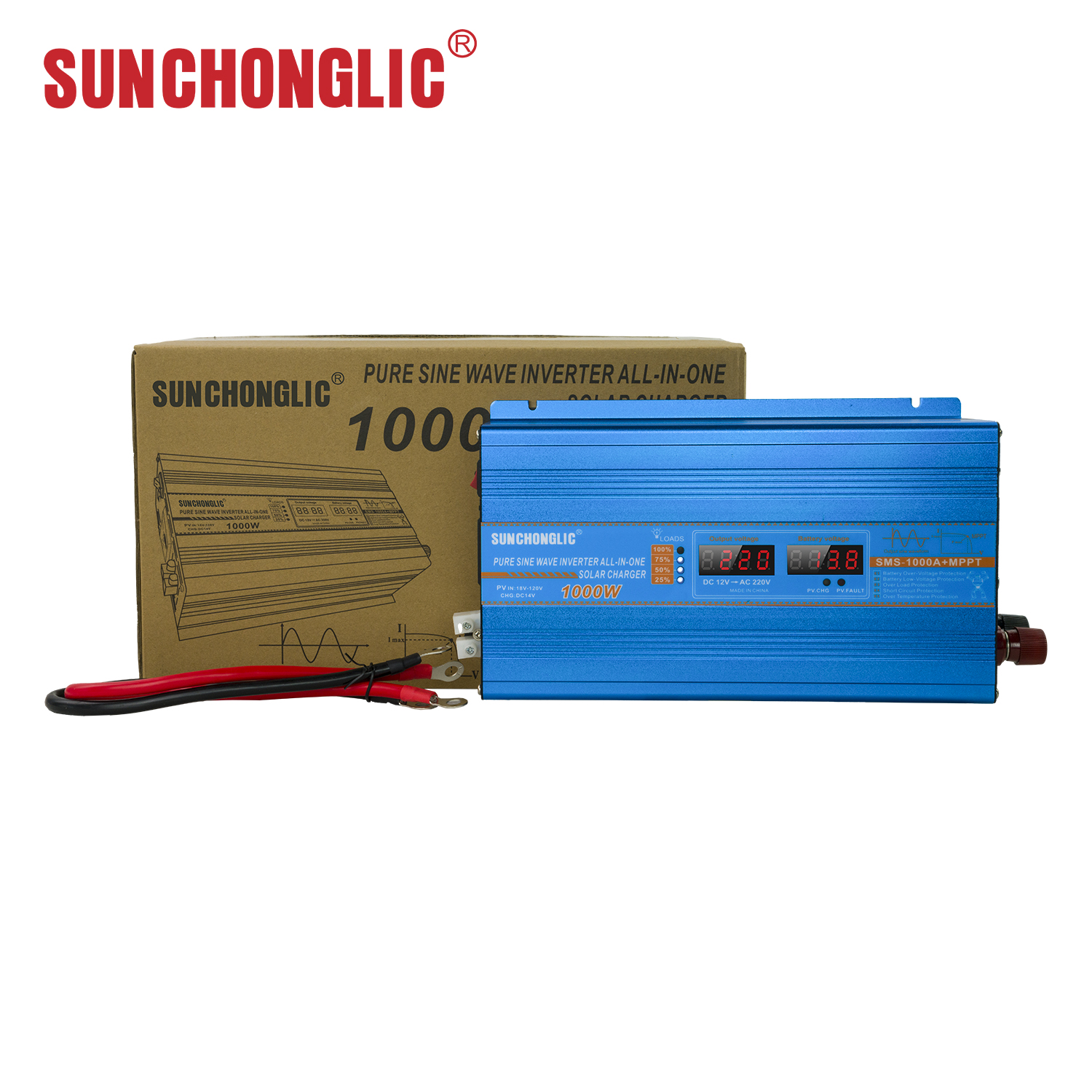 SMS 1000W Pure Sine Wave Inverter featuring a 30A MPPT Solar Controller and 220V AC Output — designed for off-grid power applications.