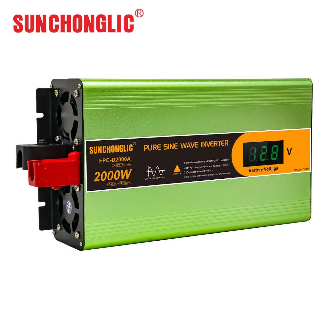FPC-D Home-use 2000W pure sine wave inverter that converts DC 12V to AC 220V with 85% efficiency.