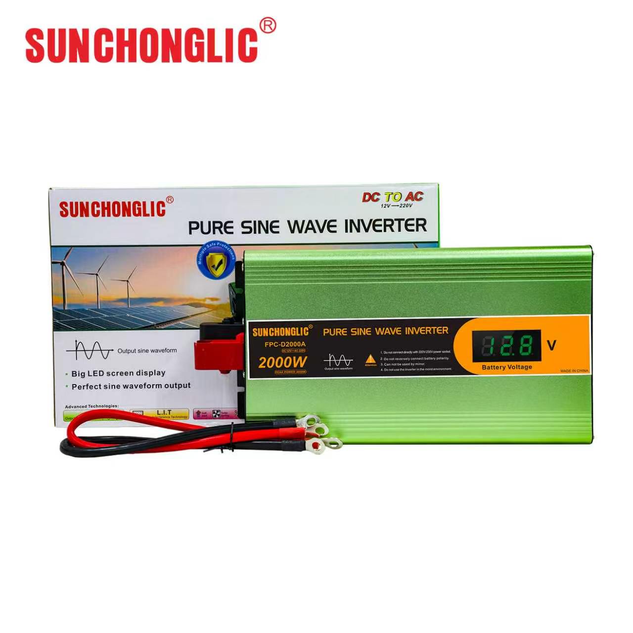 FPC-D Home-use 2000W pure sine wave inverter that converts DC 12V to AC 220V with 85% efficiency.