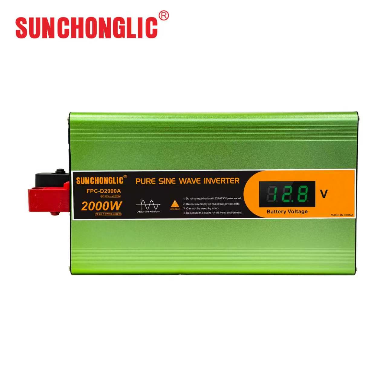 FPC-D Home-use 2000W pure sine wave inverter that converts DC 12V to AC 220V with 85% efficiency.