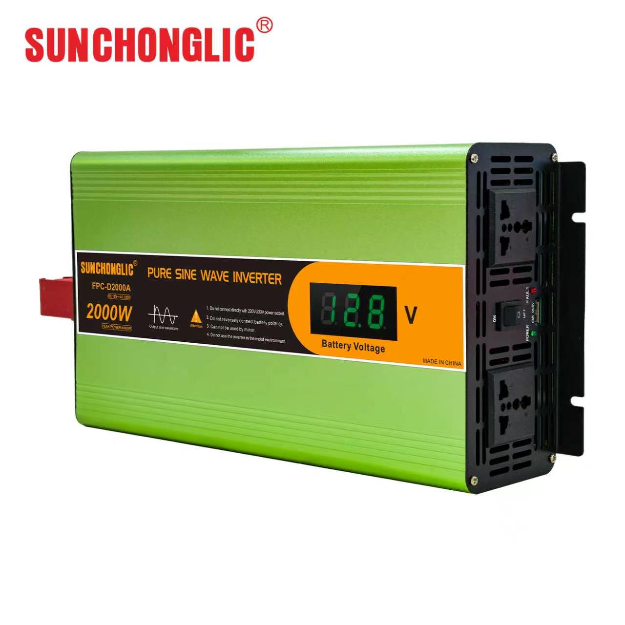 FPC-D Home-use 2000W pure sine wave inverter that converts DC 12V to AC 220V with 85% efficiency.
