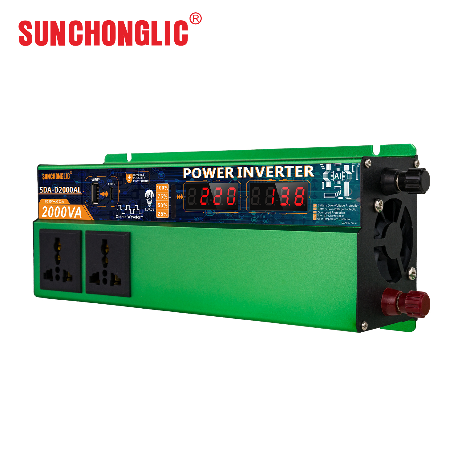 SDA-D2000A 12 Volt Battery Inverter 1800VA Surge Power DC To AC 220V Power Converter For Off-Grid Solar System