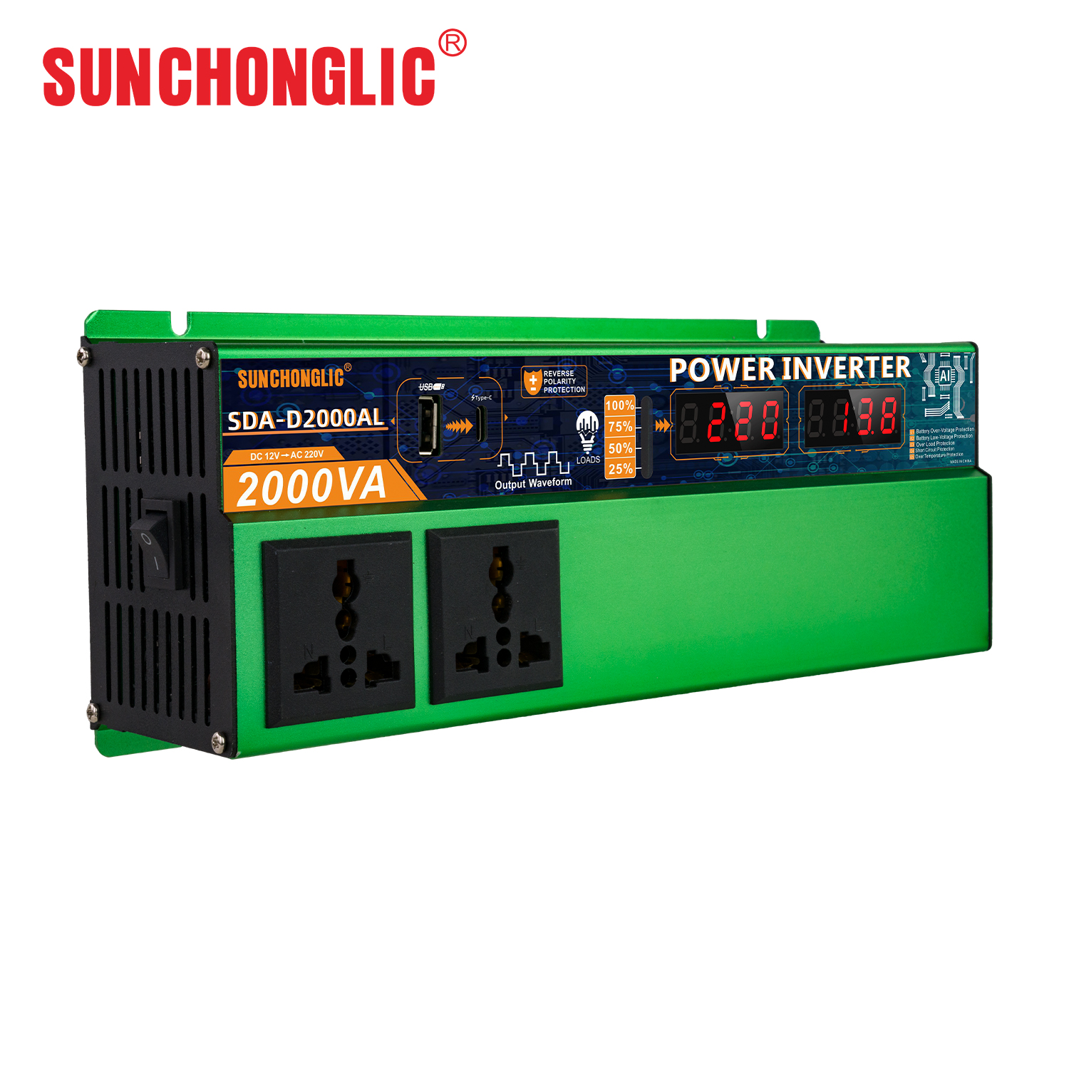 SDA-D2000A 12 Volt Battery Inverter 1800VA Surge Power DC To AC 220V Power Converter For Off-Grid Solar System