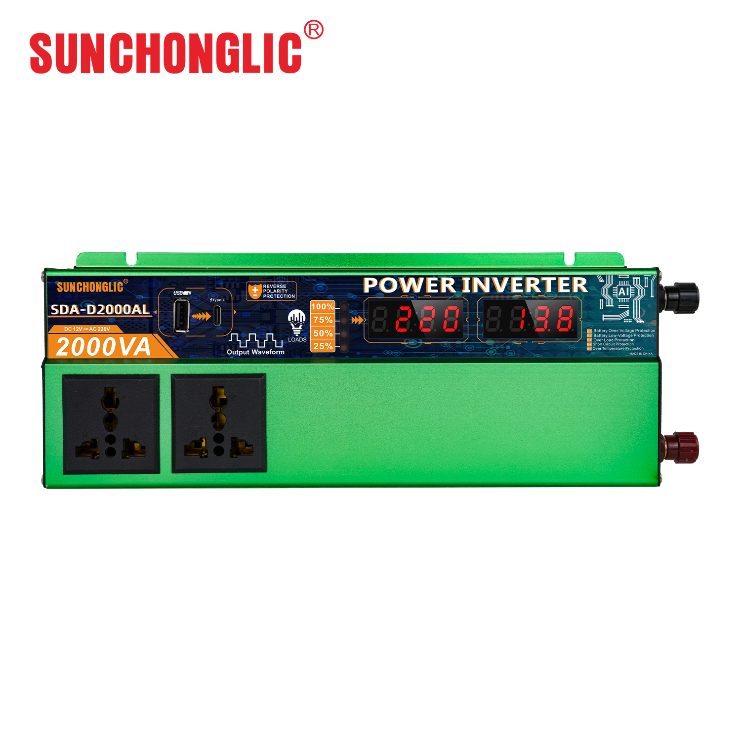 SDA-D2000A 12 Volt Battery Inverter 1800VA Surge Power DC To AC 220V Power Converter For Off-Grid Solar System