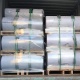 Horizontally stacked jumbo PVC film rolls neatly on pallets