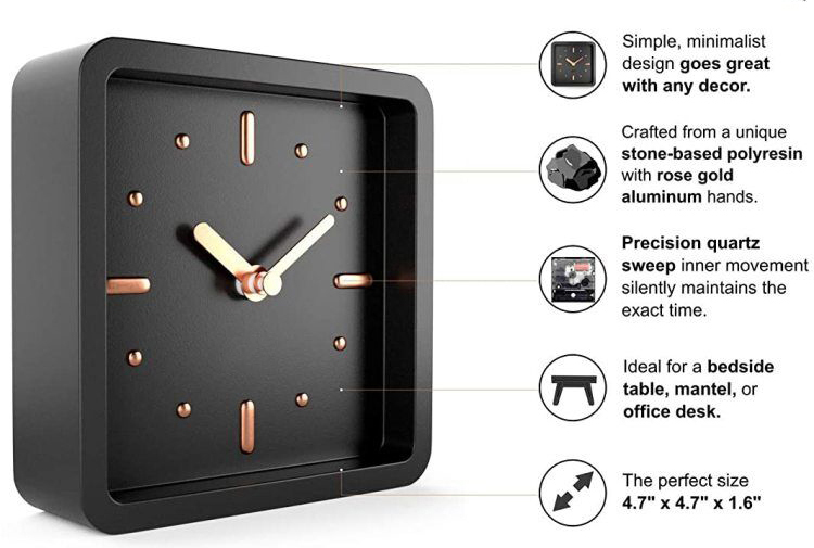 Luxuriöse quadratische Quarz-Tischuhr aus Kunstharz