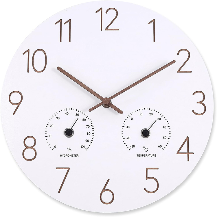 Runde multifunktionale MDF-Holzuhr mit Temperatur und Luftfeuchtigkeit
