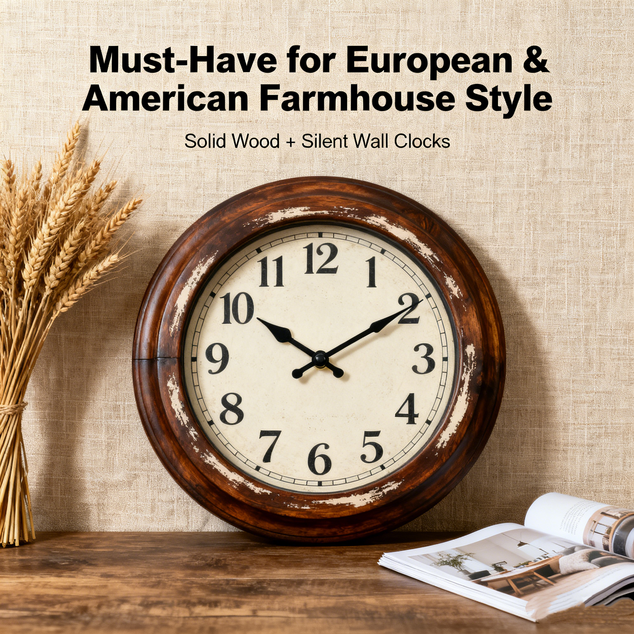 Unverzichtbar für den europäischen und amerikanischen Landhausstil: Massive, geräuschlose Wanduhren aus Holz schaffen eine warme und gemütliche Wohnatmosphäre.