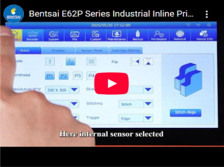 Máy in công nghiệp dòng Bentsai E62P với đầu in kép và hướng dẫn căn chỉnh đường khâu